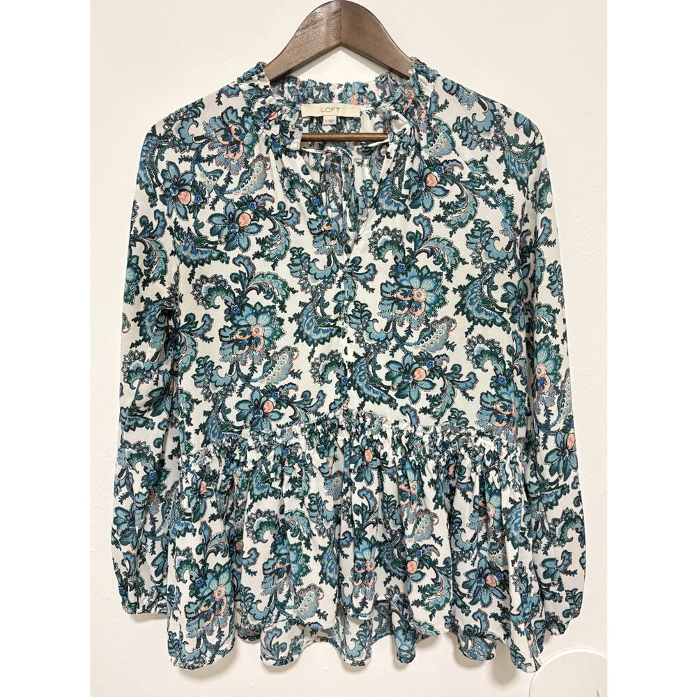 LOFT Blue Paisley Floral Peplum Top Small Ruffle Neck Cottagecore Blouse